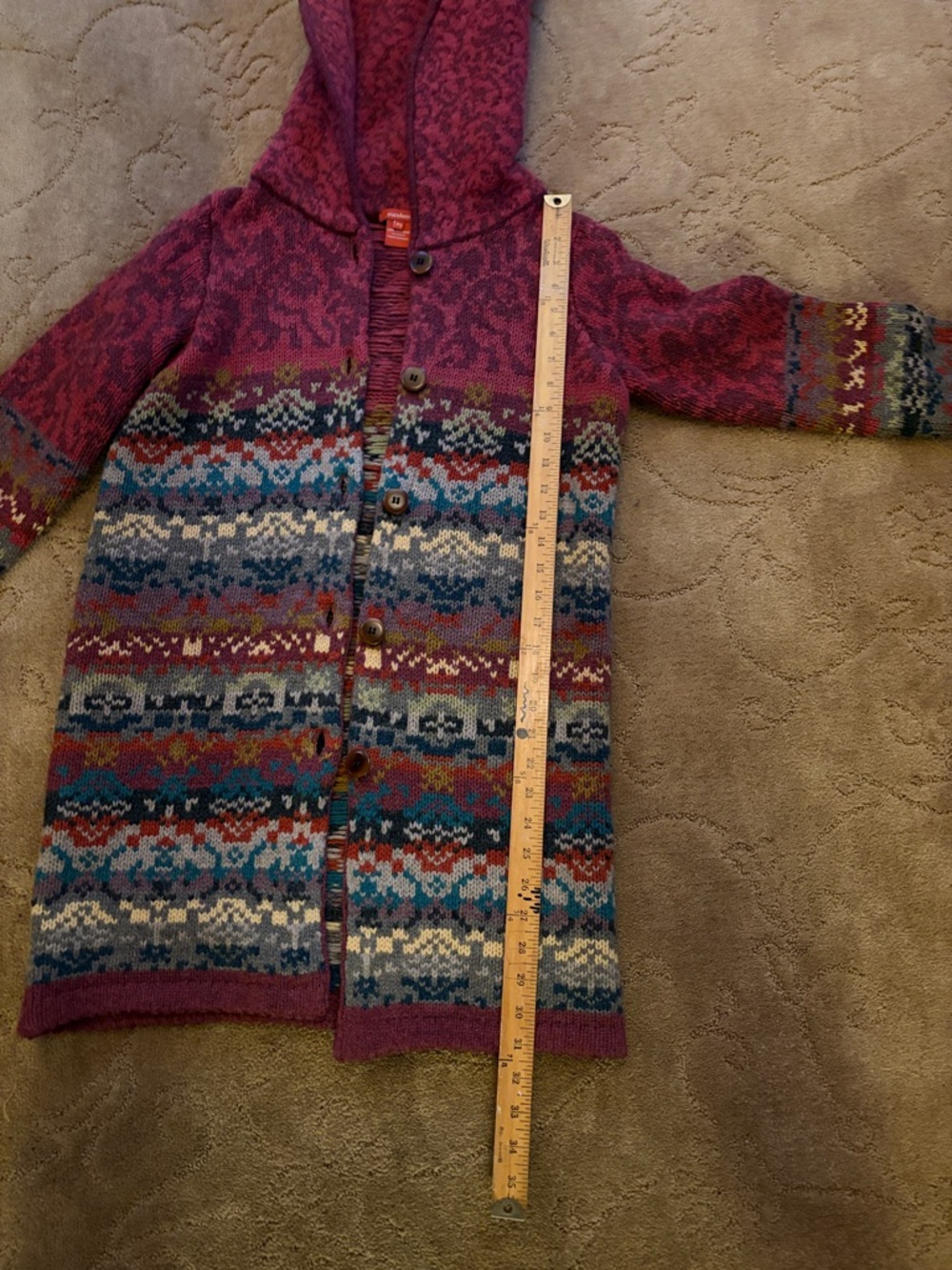 Sundance Long Maroon Multi-Color Patterned Cardigan Coat - Picture 10 of 10